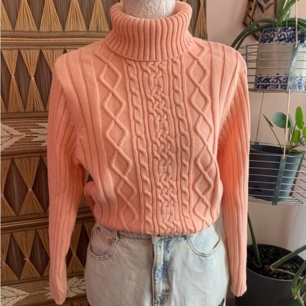 Vintage Peach Cable Knit Northern Reflections Turtleneck Sweater.